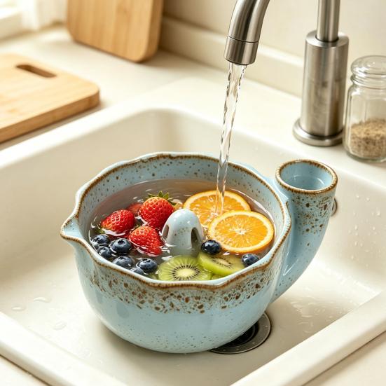 Multifunctional Kitchen Basin Ceramic Berry Bowl with Strainer Holes, Self-Spinning Vortex Design, Fruit Washing Rinse for Berries Vegetables Colander