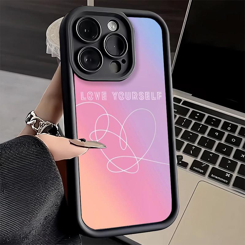 Phone Case for iPhone 17 Air 16E 15 16 Pro Max Love Yourself Flower Heart Line Kpop Cover 14 Plus 13 12 Mini Soft Shell Silicone