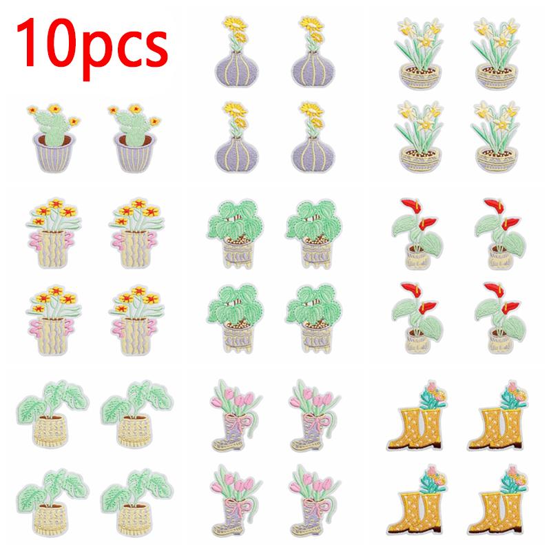 10pcs Lots Colorful Cartoon Embroidery Patches Rain Boot Pot Plant Iron On Patches For Clothing Morning Glory Patch On Clothes