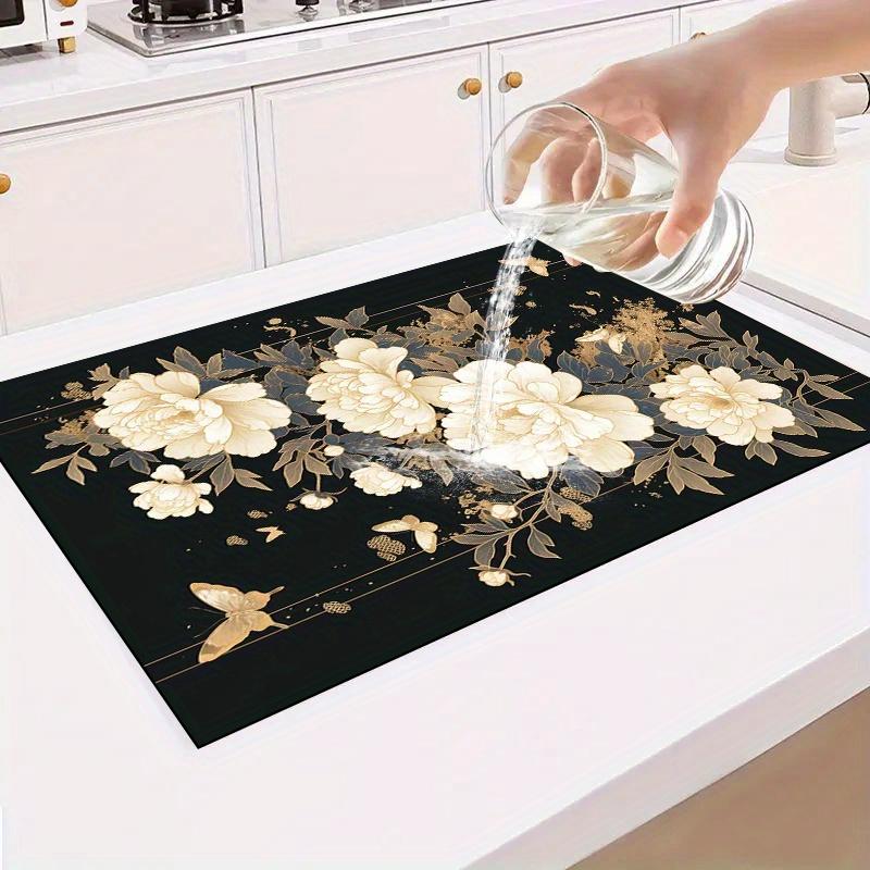 1Pcs Rubber Drying Mat With Floral  Butterfly For Coffee Shop Restaurant Kitchen Carpet Tableware Durable Diatom Mud Table Mat Pet Mat Coffeeware