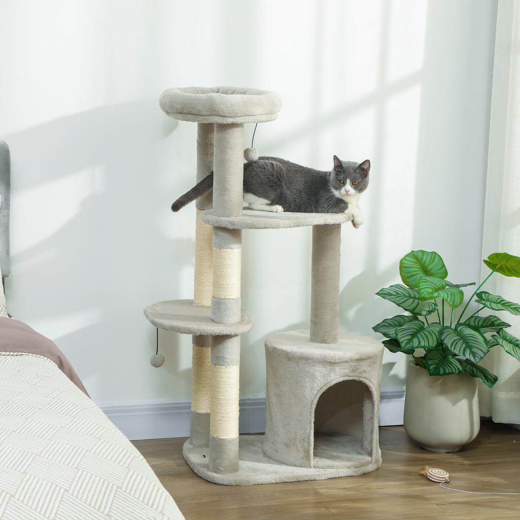 Cat Tree 114 cm Cat Tower with Cave, Sisal Posts, Platform, Multi-Level for Medium-Sized Cats Under 6 kg, Light Grey