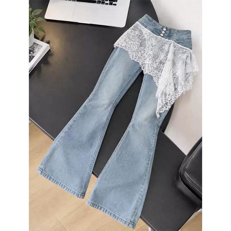 Autumn new lace splicing micro-pull jeans women's high waist, thin and tall Spice girl retro wide-leg trousers