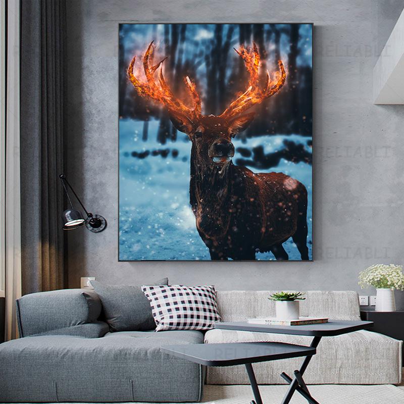 Abstract Canvas Painting with Animals, Deer Painting, Landscape, Horns, Posters and Prints for Living Room Decor, House Decoration, Cuadros