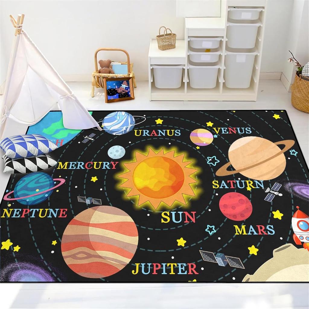 Space Rug - Space Rug for Boys Room Cartoon Solar System Carpet Educational Learning Carpet for Playroom Planet Themed Mat