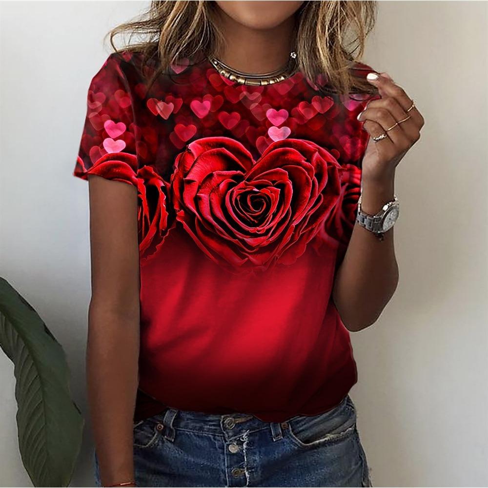 Round Neck 3D Flower Printed Top Fashionable Casual Short Sleeved Women's T-shirts - Soft Medium Stretch Polyester Fabric Summer Relaxed Fit Clothing