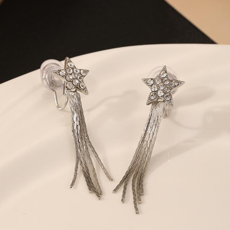 

Exquisite Light Luxury Diamond-Encrusted Five-Pointed Star Mosquito Coil Disc Ear Clips, High-End Long Tassel Earrings For Women Without Ear Piercings