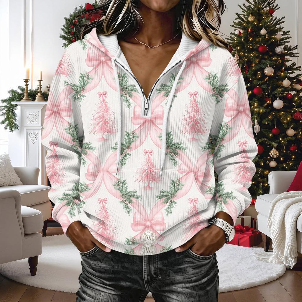 Women's Long Sleeve Christmas Print Hoodie Pullover Top with