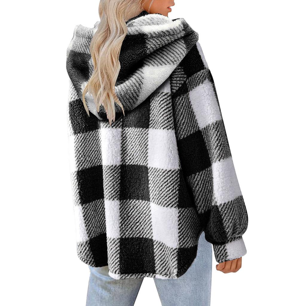 Women's Fashion Casual Plaid Print Autumn Winter Long Sleeve Hooded Jackets & Coats