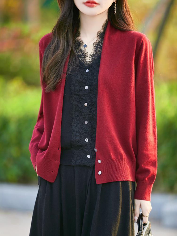 V-Neck Lace Knit Wool Cardigan Sweater - Faux Two-Piece, Long Sleeve Base Layer Top