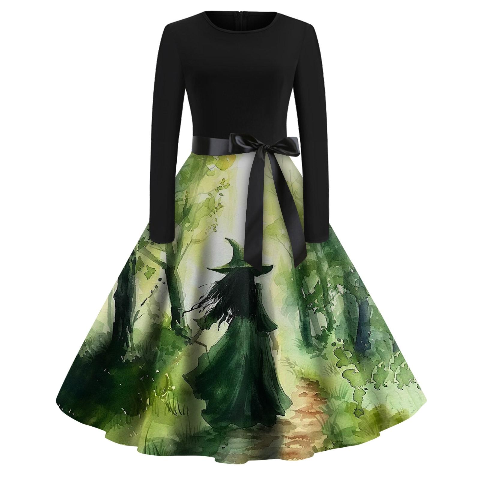 

Женское модное платье с V-образным вырезом, повседневное, приталенное, с принтом на Хэллоуин, с длинным рукавом XL зелёный