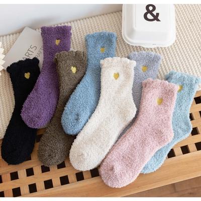 Autumn and Winter Coral Fleece Socks, Thickened Floor Socks, Embroidered Heart-shaped Home Socks, Warm and Soft Sleeping Socks