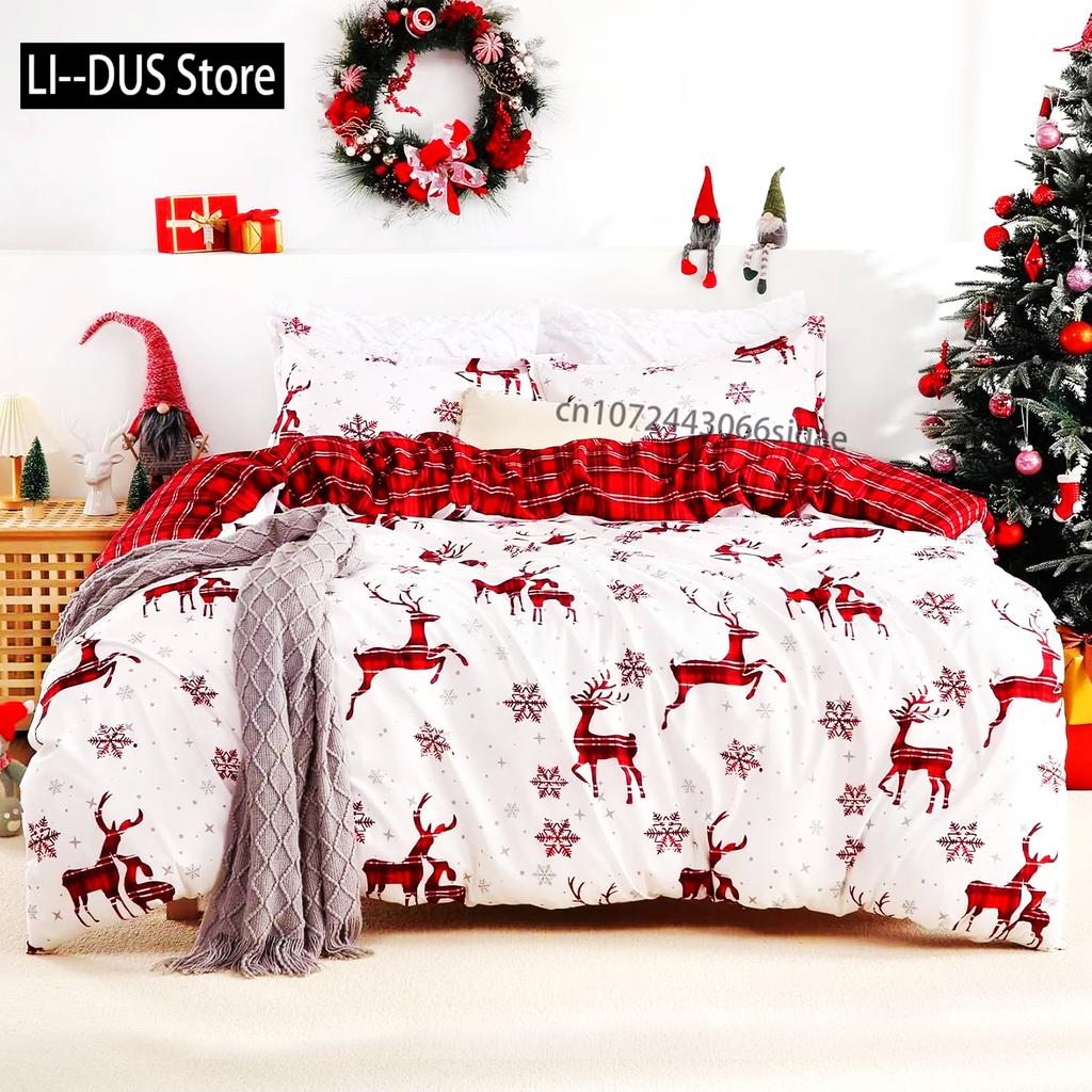 Merry Christmas Duvet Cover Christmas Elk Snowflakes Red Bedding Set Happy New Year Quilt Cover Holiday Gifts Bedroom Decoration
