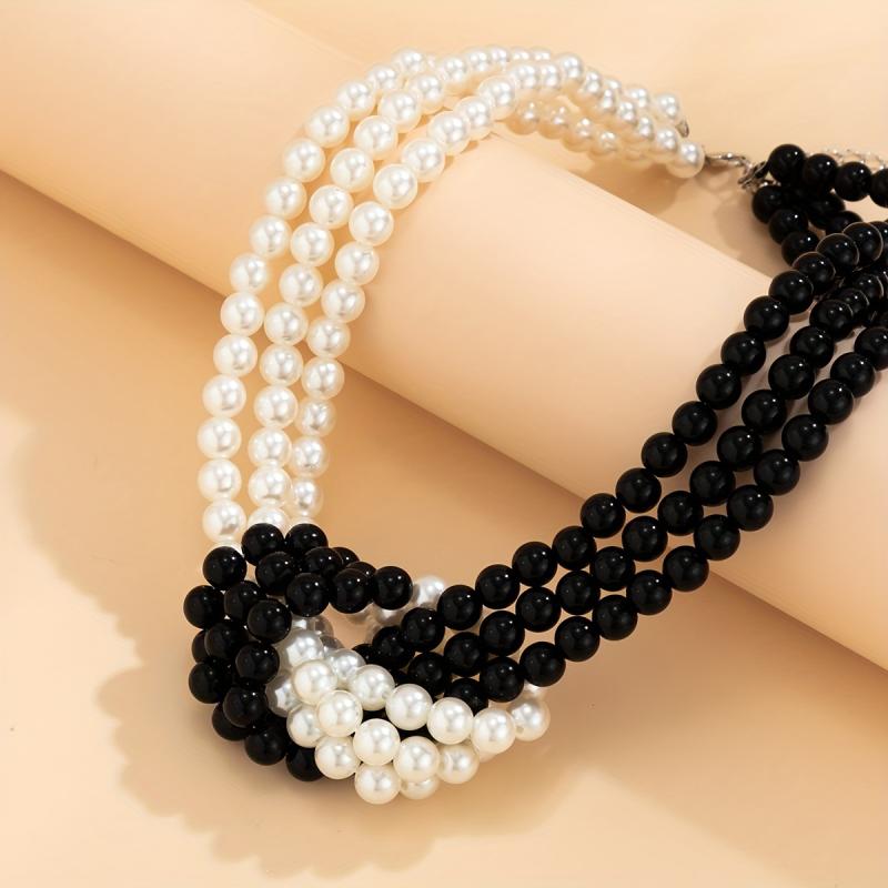 Black White Imitation Pearl Patchwork Chain Necklace For Women Vintage Multilayer Bead French Choker Jewelry