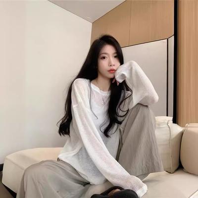 Weißes Dünnes Lazy Style Rundhals Langarm T-Shirt Damen Sommer Locker Schlankmachend Lässig Vielseitig Sonnenschutz Cover-up Top