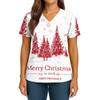 Women's Christmas Print V-Neck Double Pocket Short Sleeves Hem Slit  Uniform And Caregiver Top