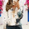 Women Plus Size V Neck Long Sleeve Abstract Printed Top Eyelet Chain Lace Up Detail