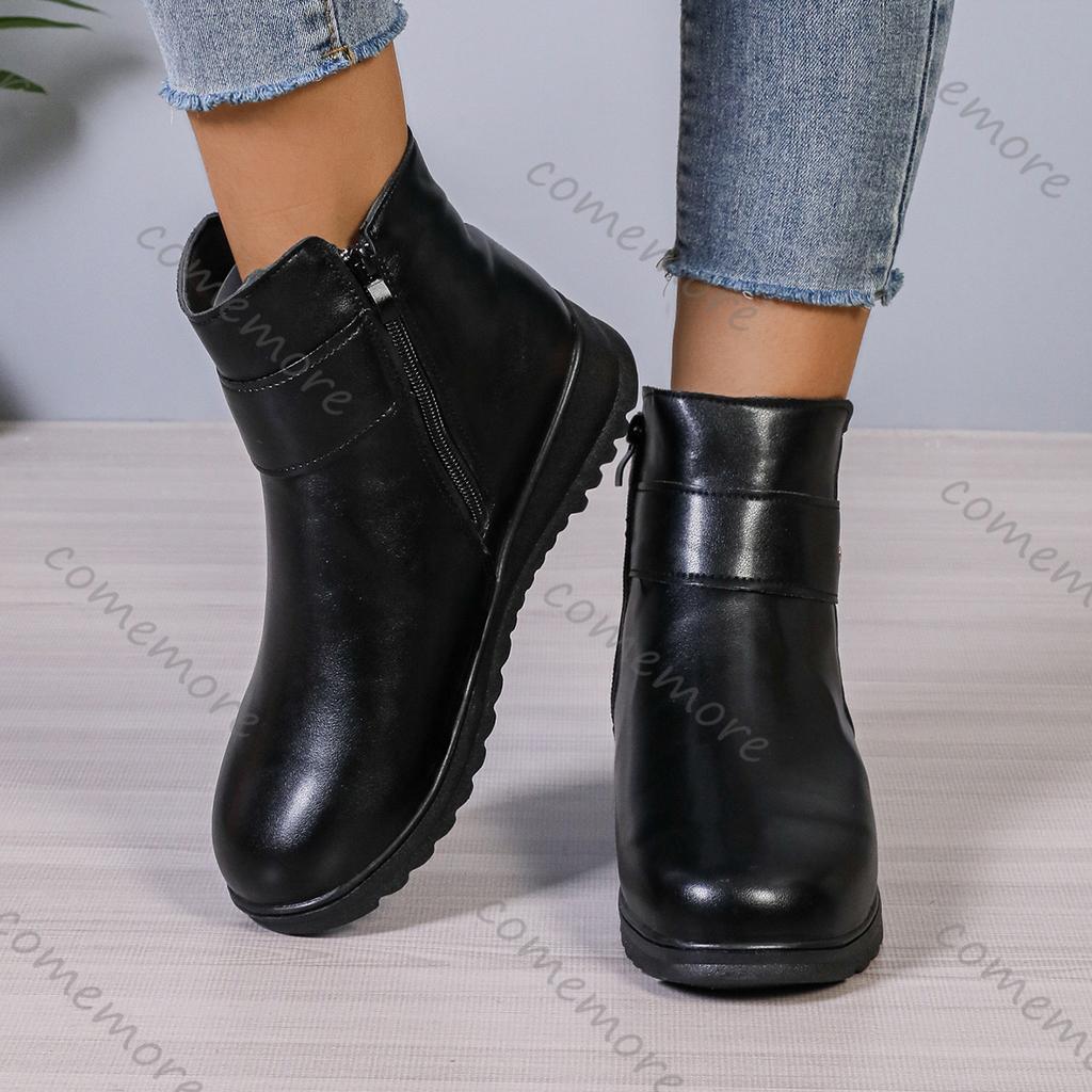 Comemore Casual Warm Ankle Boots for Women Winter 2025 Leisure Soft Leather Side Zipper Versatile Plush Short Botas Femininas
