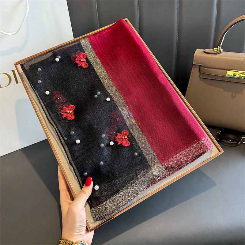 Floral Embroidery Silk Wool Scarf Luxury Women Hijab Female Foulard Pashmina Long Beach Stoles Shawl Wrap Scarves Bandana