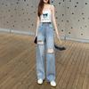 2022 Autumn High Waist Fashion Streetwear Baggy Pants Straight Women's Ripped Jeans Women  Denim Trousers Korean Stytle