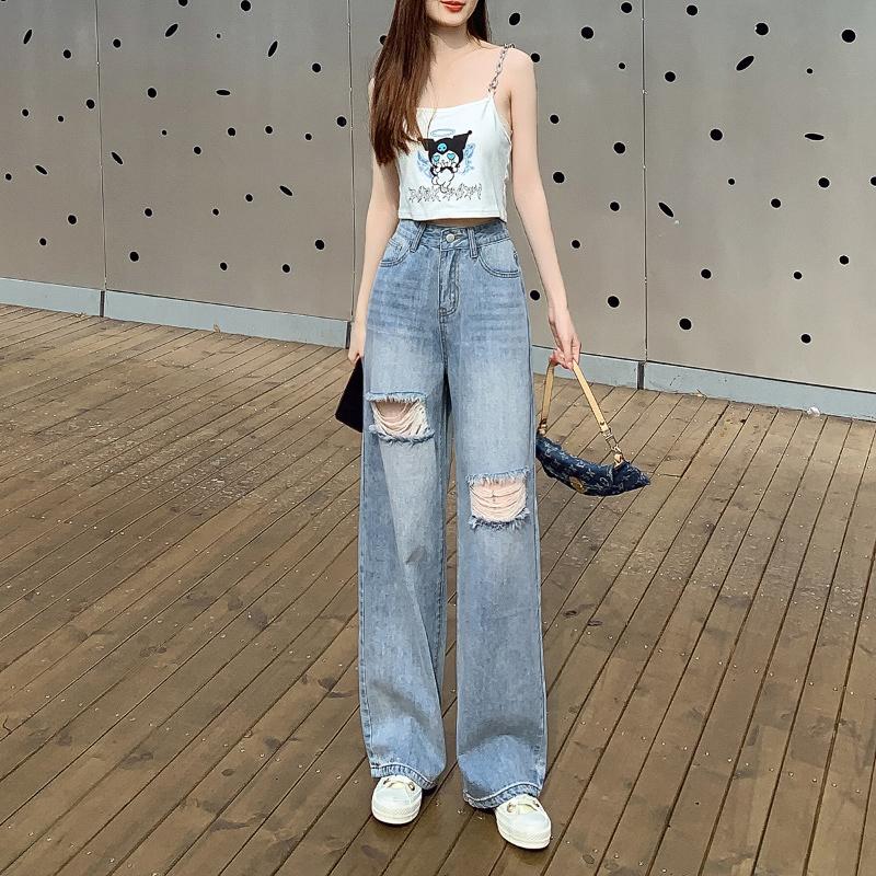 2022 Autumn High Waist Fashion Streetwear Baggy Pants Straight Women's Ripped Jeans Women Denim Trousers Korean Stytle