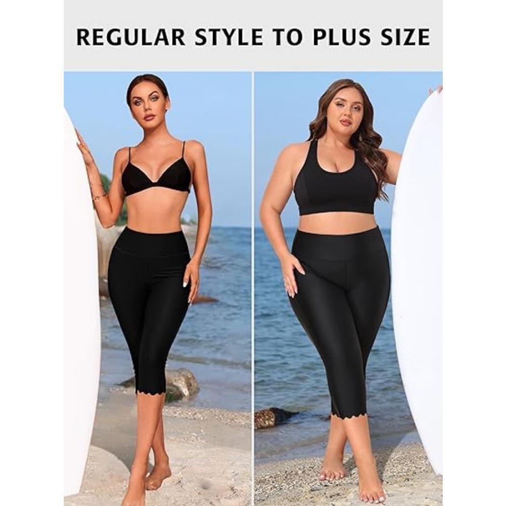 CHARMLEAKS Plus Size Swim Pants for Women High Waisted Swim Capris Waistband Pockets Swim Shorts Swimming Leggings