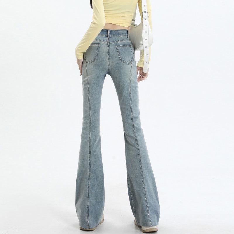 Women's Retro High-Waist Elastic Denim Flare Pants with Double Button Design