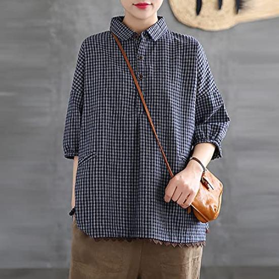 shirt for check pattern loose large summer [JQBFL] Short-sleeved women, blouse, summer, linen, cotton-linen shirt, fit, size, casual, cut-and-sew,