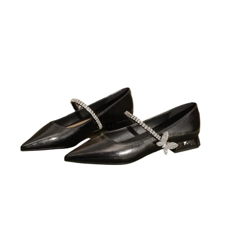 Fashion New Elegant Dress Shoes Female 2025 Mary Janes Women's High Heel Crystal Butterfly Pumps Women Pointed Toe Low Heel Shoes Women