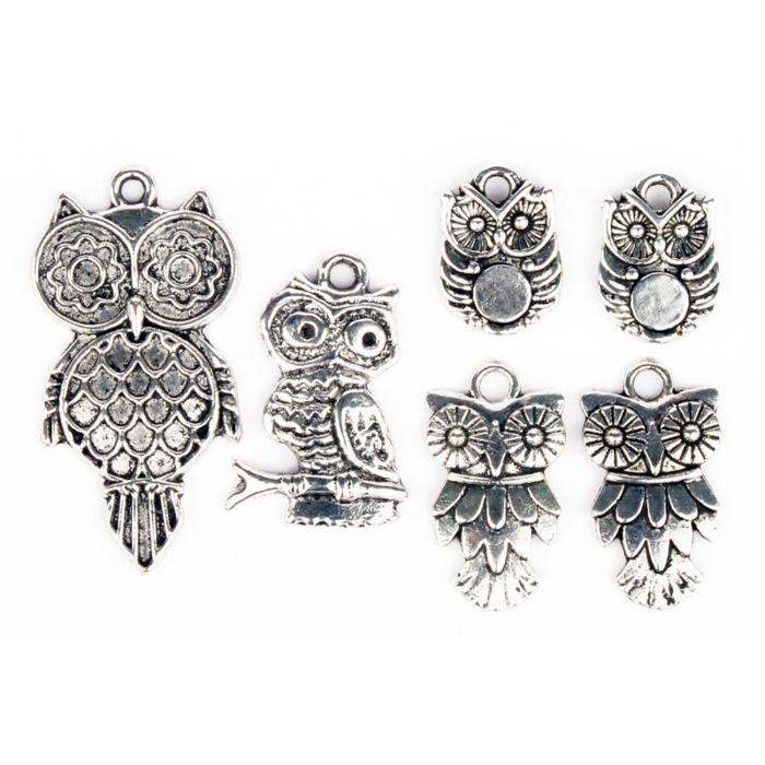 Owl Metal Charm Silver 10 To 22 Mm 6 Pieces