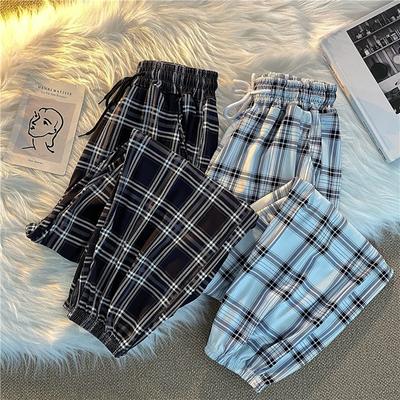 Pantaloni Donna Nuovo Mazzo di piedi Moda Largo Nero Scozzese Estate Harajuku Studenti Streetwear Harem Pantaloni Lunghi