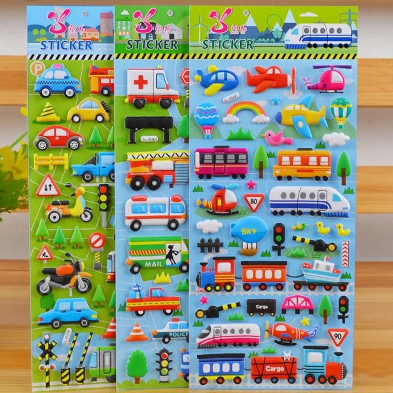 Car Cartoon Kids Childrens Toys 6 Sheets 3D Bubble Sticker Truck Plane Traffic Waterproof Anime Stickers For Girl Boy Funny Learning Educational