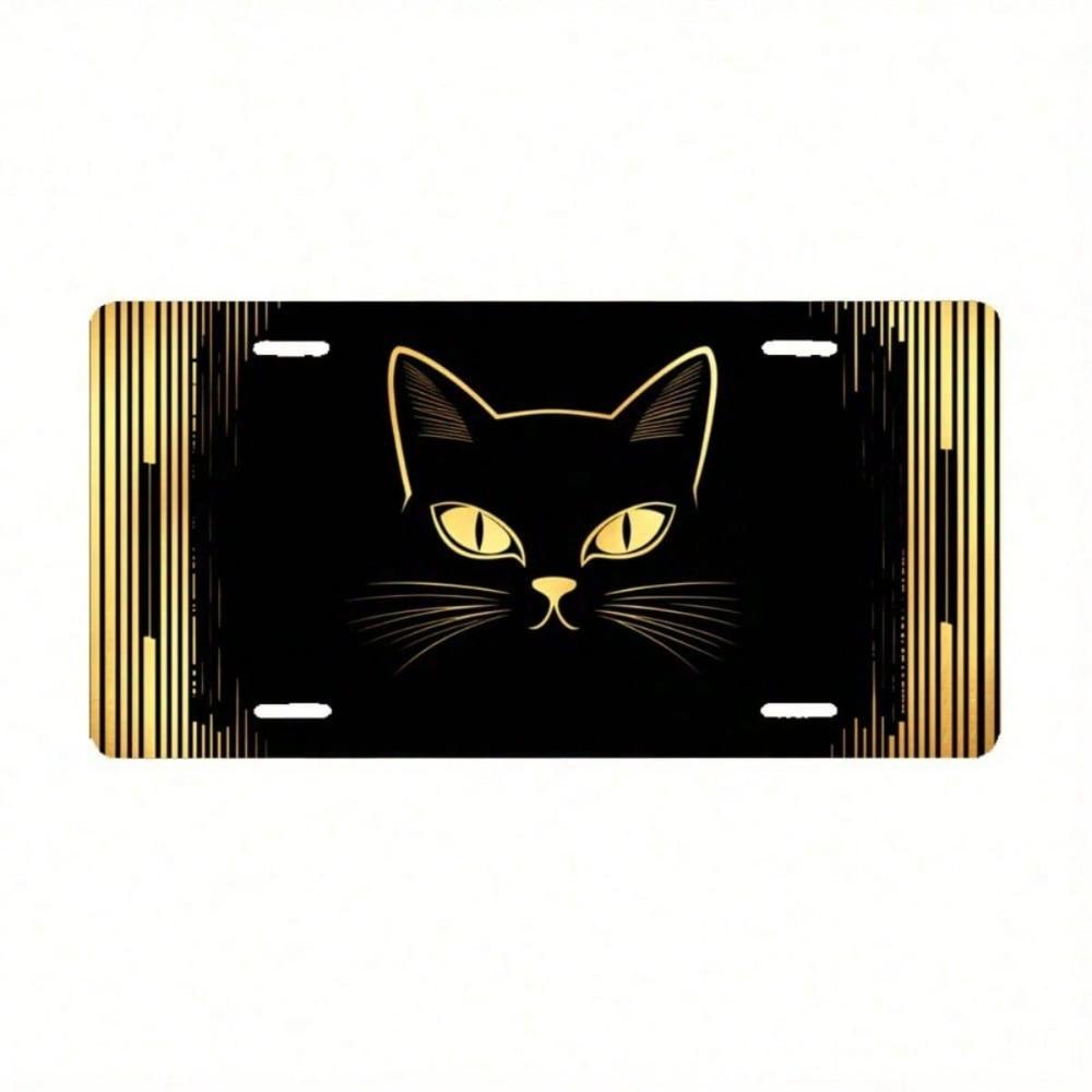 2D Flat Black Cat Gold Stripe License Plate Frame, Waterproof Aluminum Car Tag Cover, 5.9x11.8in Novelty Decor