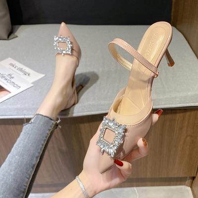 Novos Tamancos de Salto Fino de Cristal Chinelos Femininos Elegantes Bico Fino Banquete Festa Baile Sapatos de Senhora Zapatos Mujer