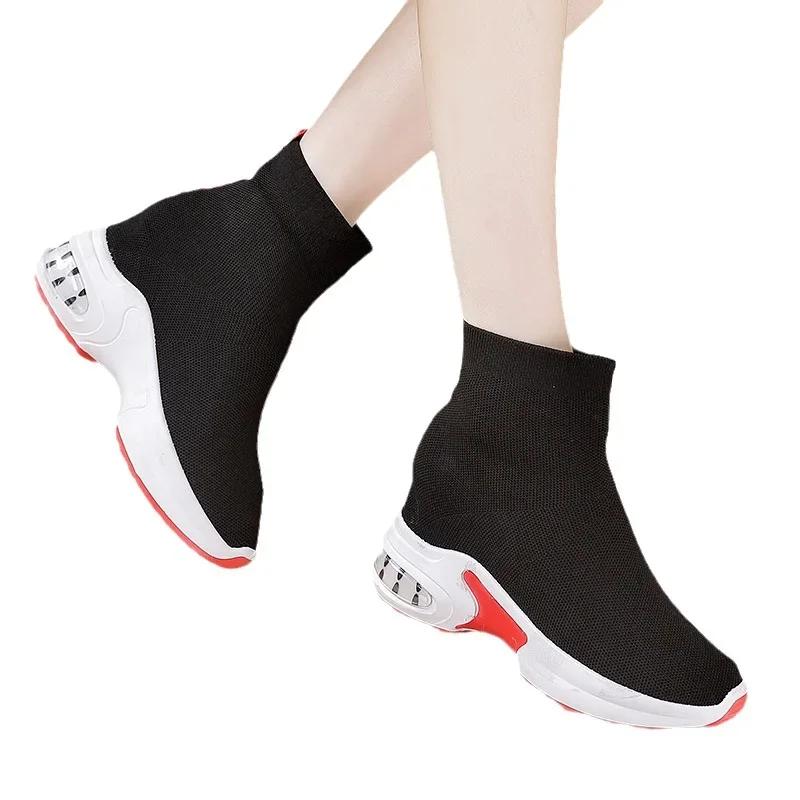 Women's Elastic High-Top Thick-Soled Round Toe Platform Sneakers with Height-Increasing Socks 2024