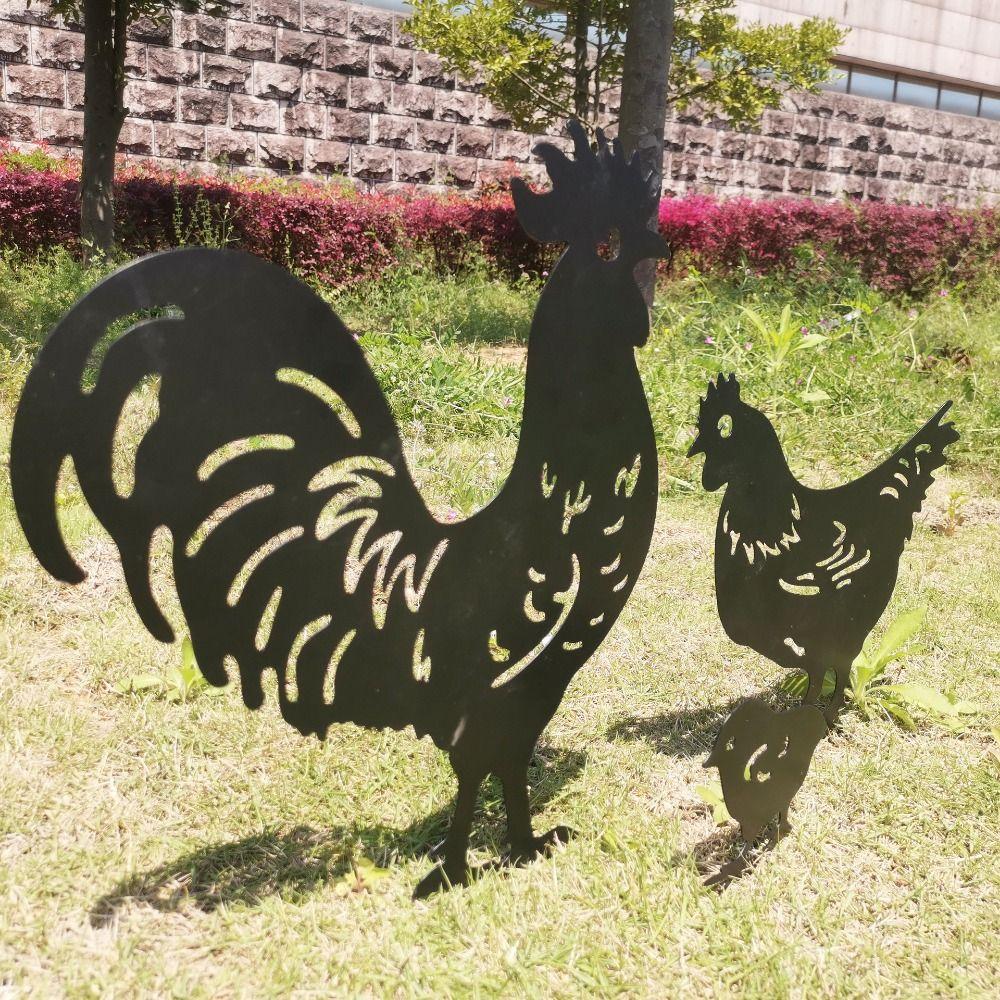 3Pcs Cartoon Rooster Garden Sculpture Black Metal Animal Ornaments Resin Ornaments Micro Landscape