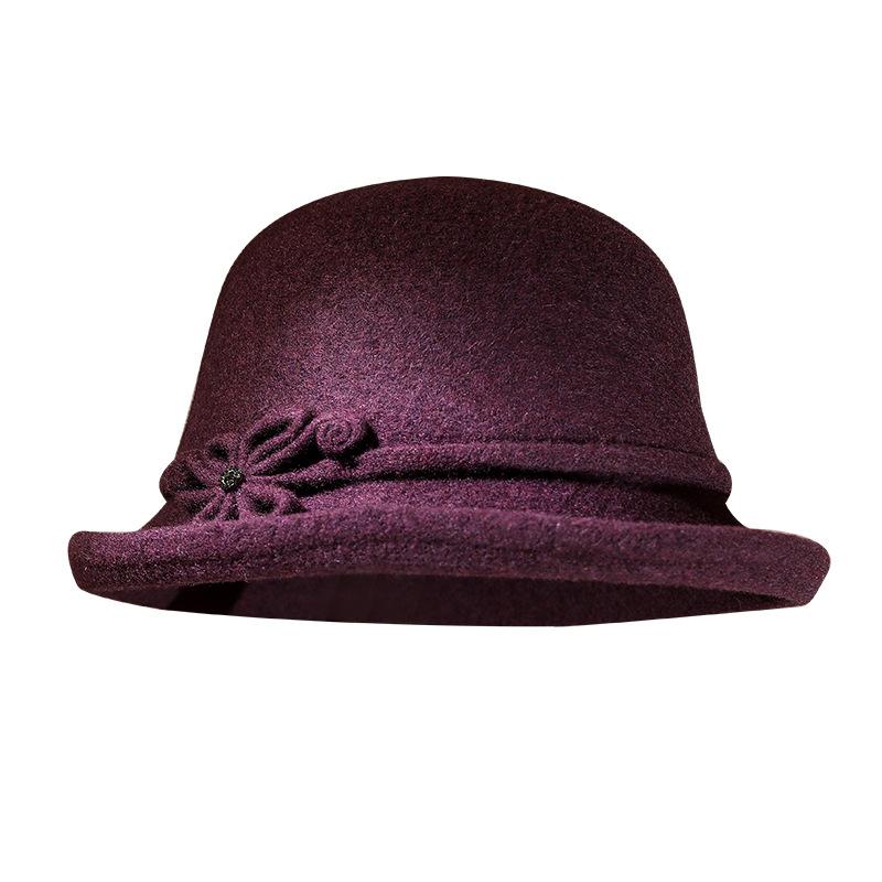Hat Women's Autumn and Winter Versatile Middle and Old Hat Wool Elegant Flower Pot Hat Retro Curled Top Hat
