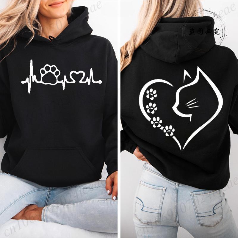 Retro Fashion Cat Heart Printed Hoodie Y2k Street Clothing Cat Lover Men and Women Loose Casual Hooded Sportswear K Pop Clothes