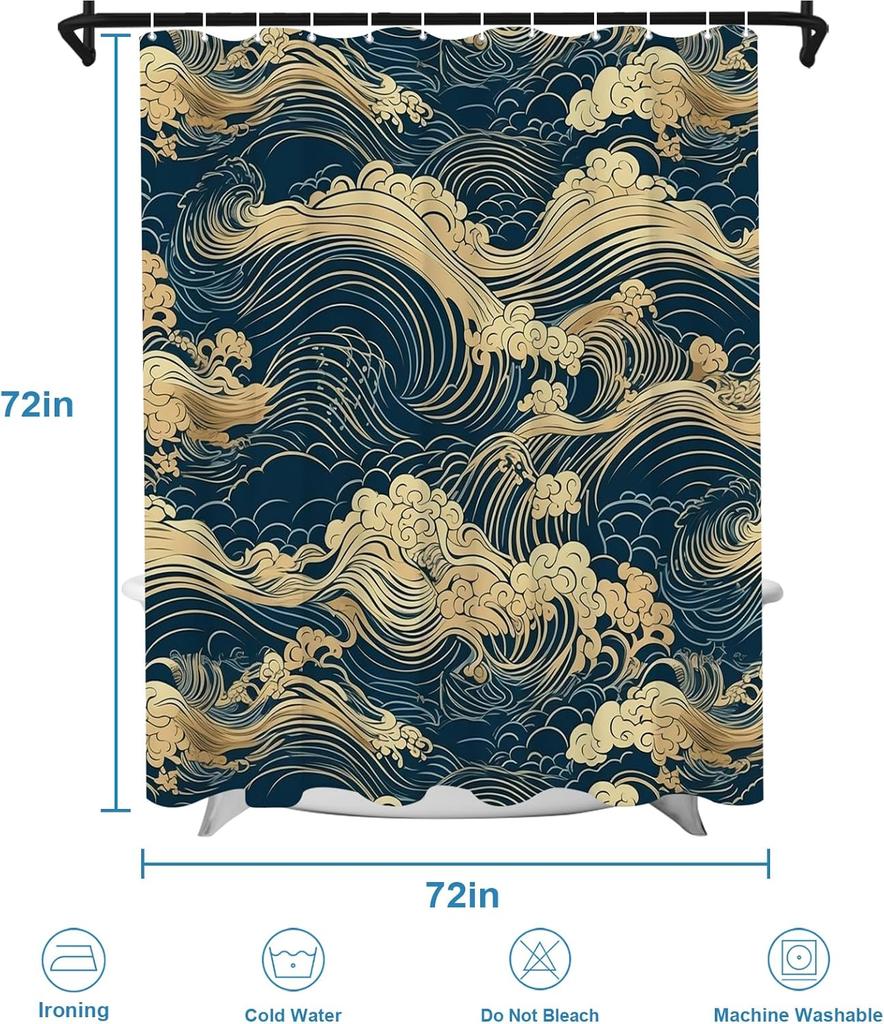 Japanese Wave Shower Curtain Oriental Vintage Wave Monochrome Kanagawa Inspired Antique Art Theme Bathroom Decor Set Machine