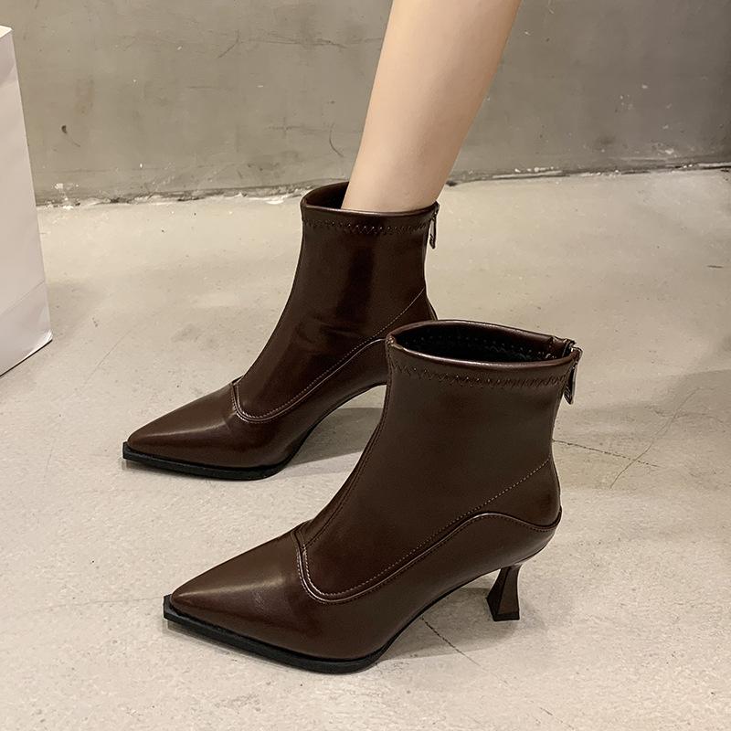 Women High Heel Short Leather Boots 2025 New Female Pointed Thin Heel Boots Ladies Ankle Short Boots Botas Mujer Bottes Femmes