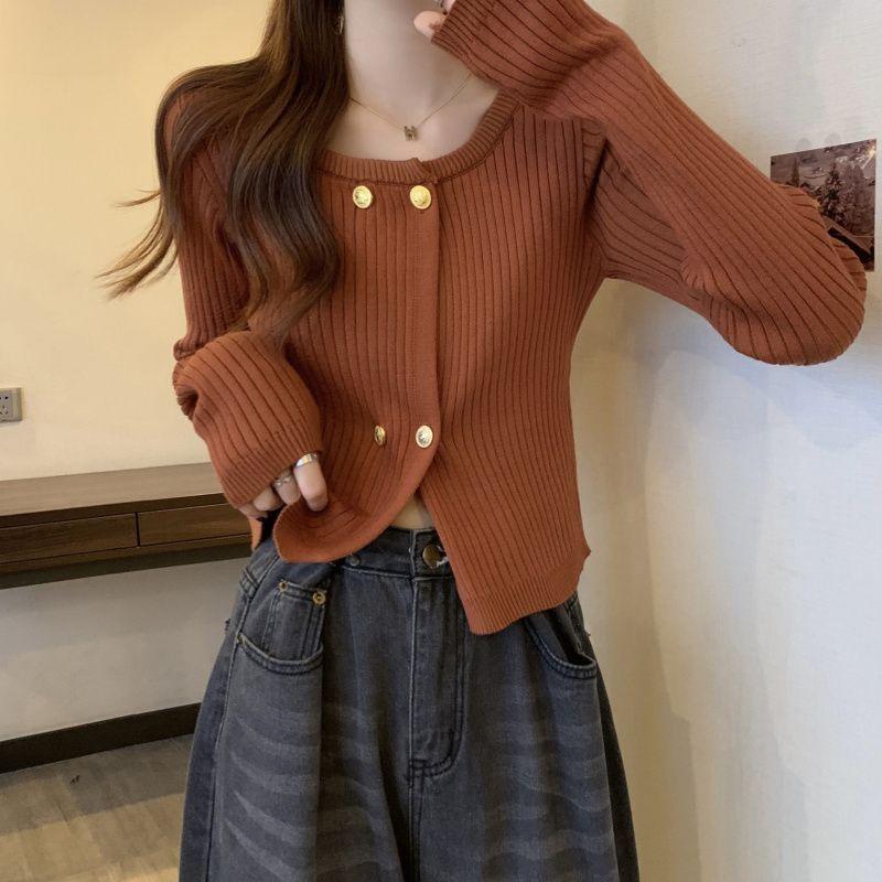 QICED Retro Square Collar Soft Knit Cardigan Women's Autumn and Winter Design Sense Niche All-match Short Sweater Top