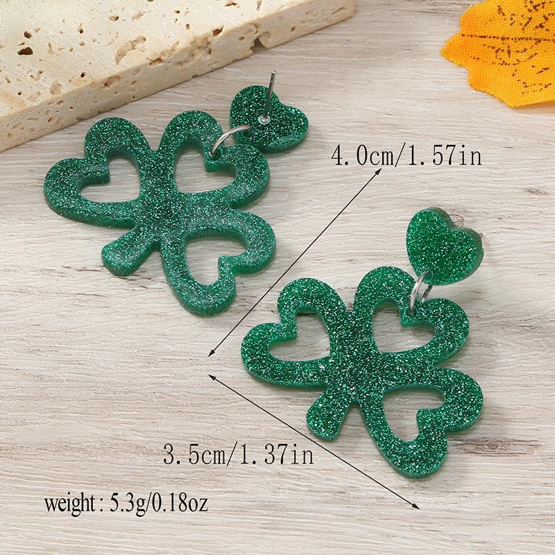 St. Patrick s Day Four-Leaf Clover Glitter Horseshoe Heart Earrings
