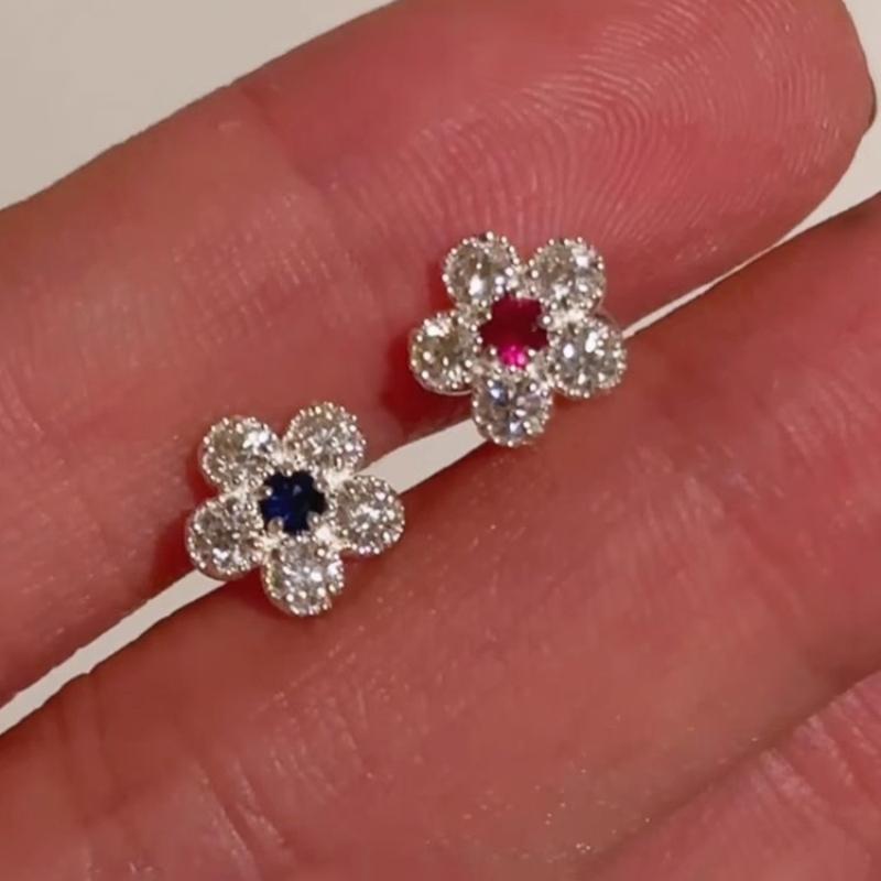 silver full diamonds sparkling blue pink small flower earings stud new in light luxury suitable for daily gifts