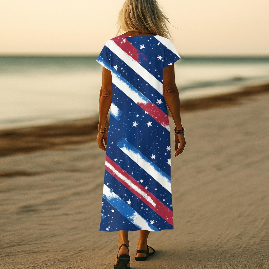Women’s V Neck Short Sleeve Maxi Dress with Gradient Stripes and Star Print Loose Fit Summer Casual Style