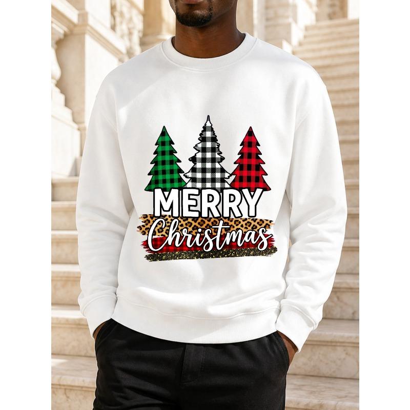 Men'S Crewneck Sweatshirt, Autumn Winter Plaid Christmas Tree Leopard Print Pullover, Festive Party Daily Wear Gift