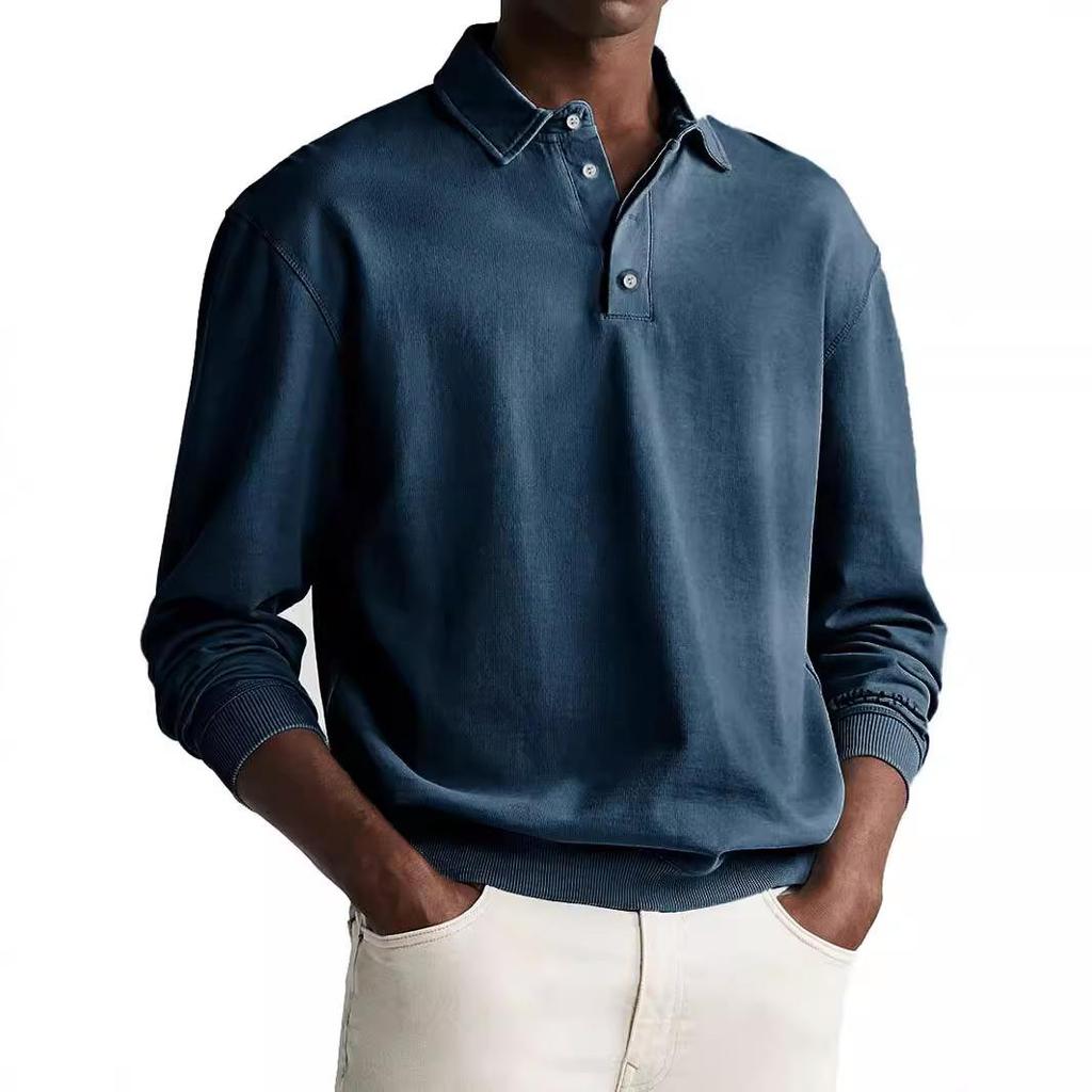Polo da uomo a maniche lunghe tinta unita con colletto e bottoni, per ufficio, pendolari, casual da lavoro, pullover, maglietta sportiva alla moda