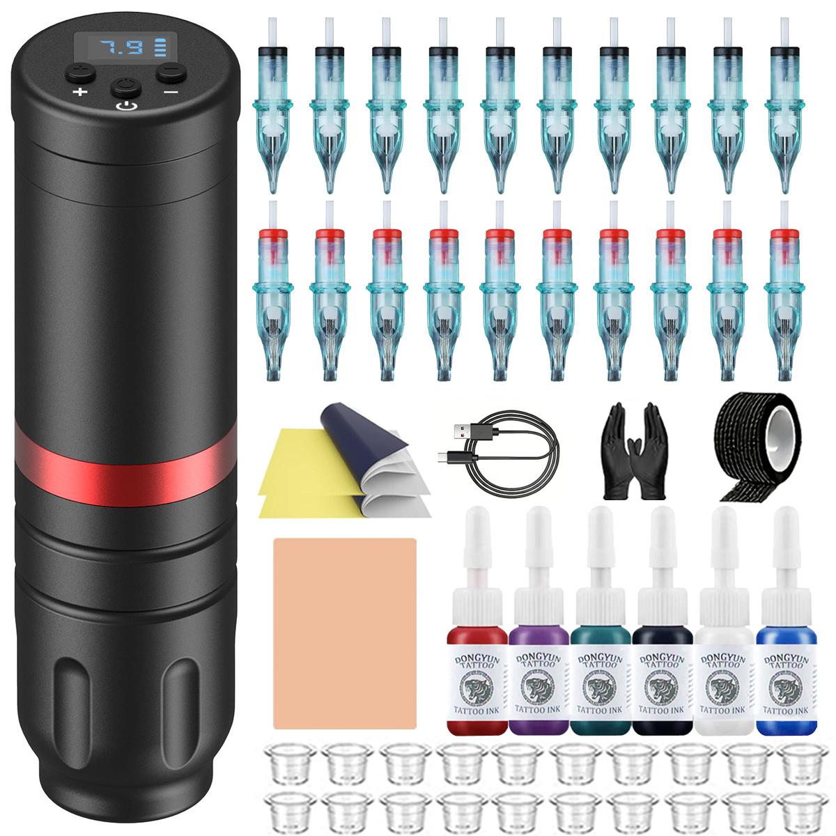 

Полный набор для татуировки Беспроводной набор для тату-машинки Ручка для перманентного макияжа для начинающих с 6 флаконами чернил красный