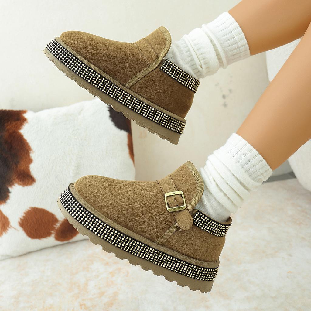 Fashion Women Boots Warm Short Plush Slip On Shoes 2025 New Sexy Thick Bottom Ankle Boots Metal Rivet Decoration Furry Snow Boots Women