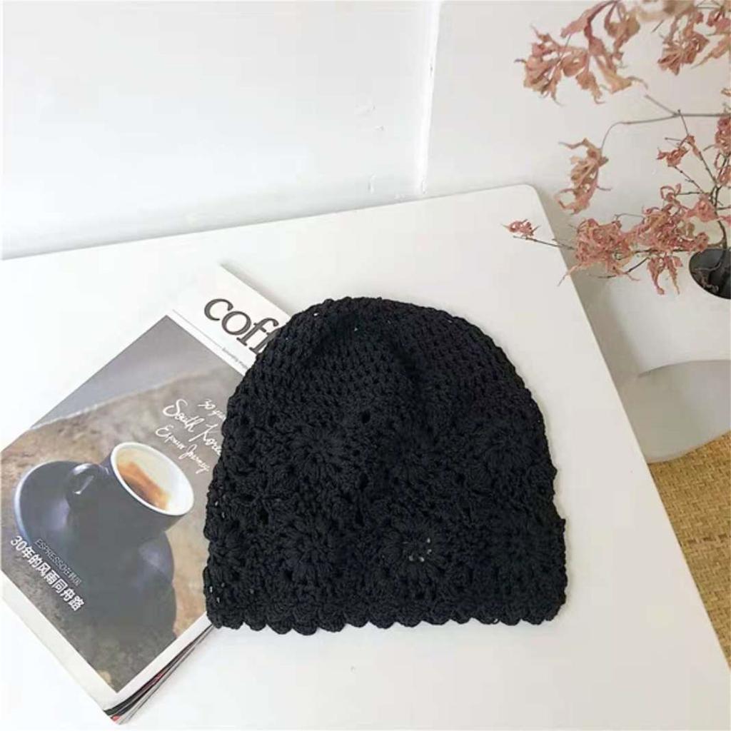 Crochet Slouchy Beanie Hat Handmade Knit Cutout Floral Skull Cap Cotton Knitted Breathable Summer Hats for Women