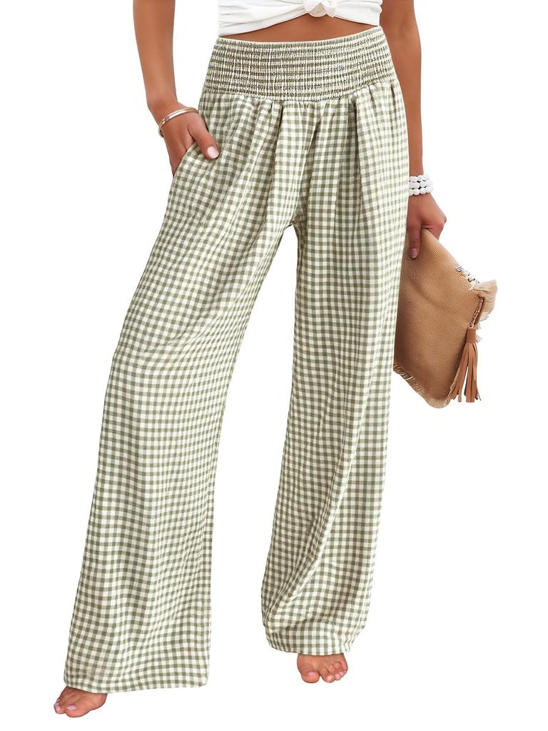 Women's High Waist Elastic Waistband Wide Leg Pants Multi Color and Pattern Plaid and Solid Options