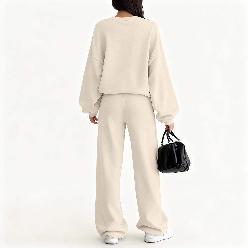 Women's Fashionable Casual Solid Color Loose -Neck Sweatshirt Set